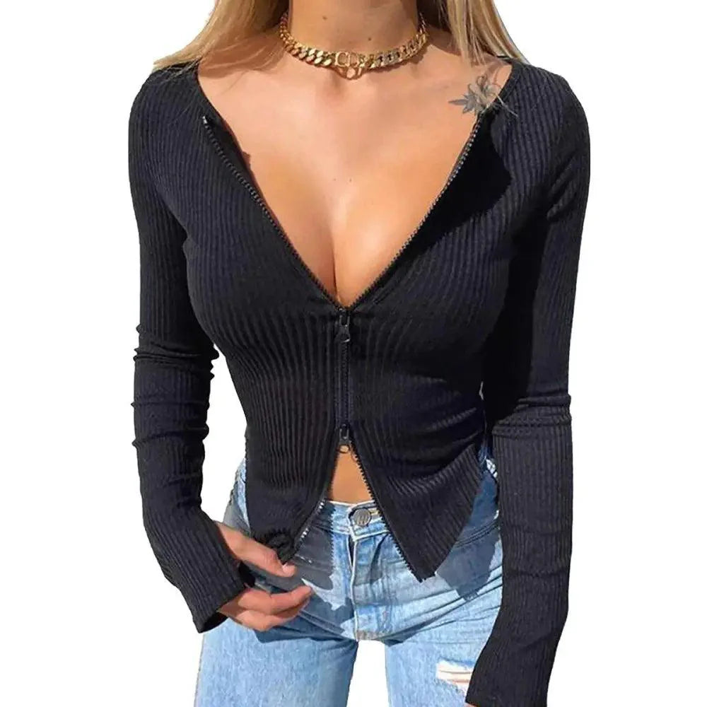Women’s Ribbed Knitted Long Sleeve Zipper Crop Top - Minimalist