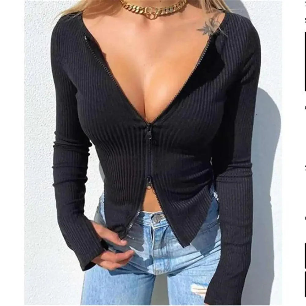 Women’s Ribbed Knitted Long Sleeve Zipper Crop Top - Minimalist
