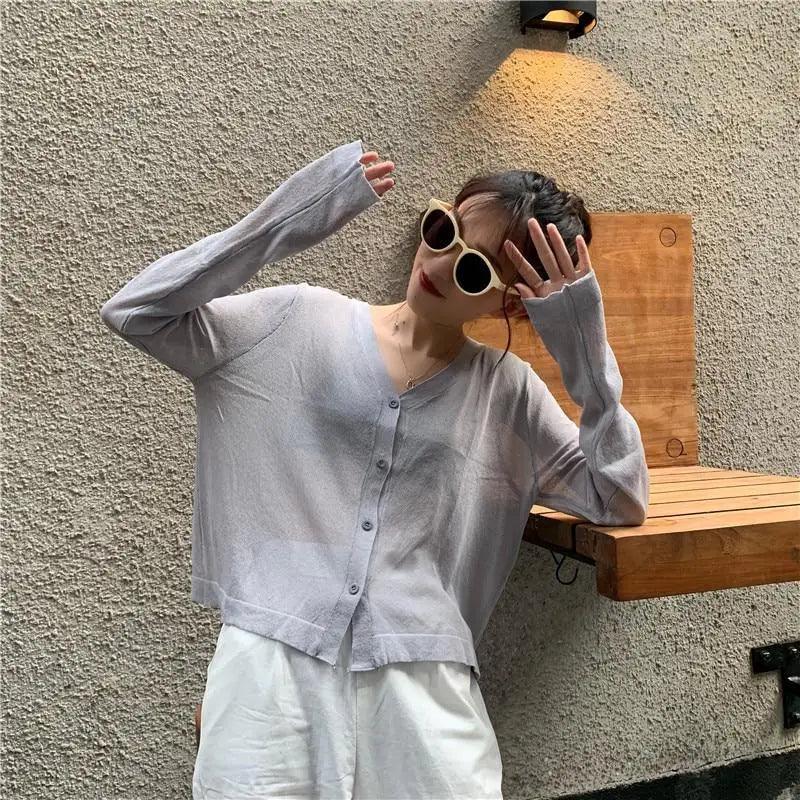 Cardigan For Women Long Sleeve Cardigan Summer Cropped Cardigan Knitted V neck Thin Ice Silk Sweaters Sunscreen Shirt Tops
