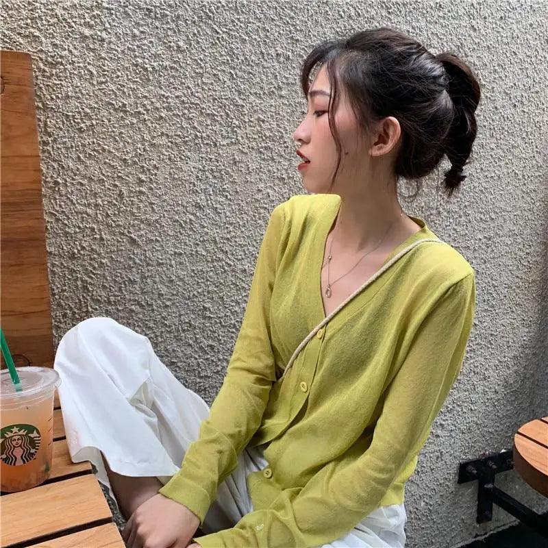 Cardigan For Women Long Sleeve Cardigan Summer Cropped Cardigan Knitted V neck Thin Ice Silk Sweaters Sunscreen Shirt Tops