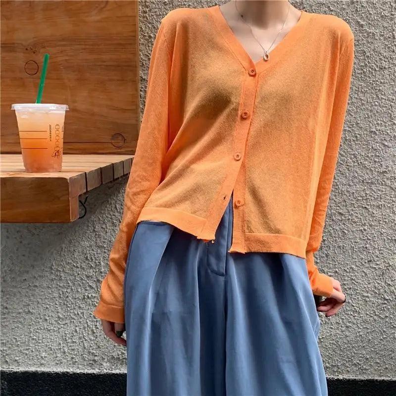 Cardigan For Women Long Sleeve Cardigan Summer Cropped Cardigan Knitted V neck Thin Ice Silk Sweaters Sunscreen Shirt Tops