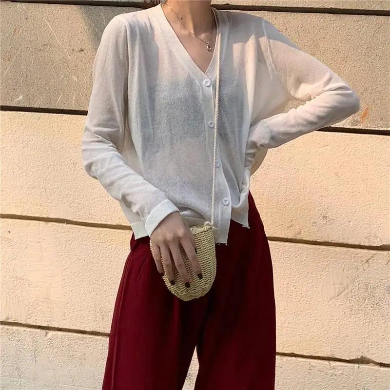 Cardigan For Women Long Sleeve Cardigan Summer Cropped Cardigan Knitted V neck Thin Ice Silk Sweaters Sunscreen Shirt Tops
