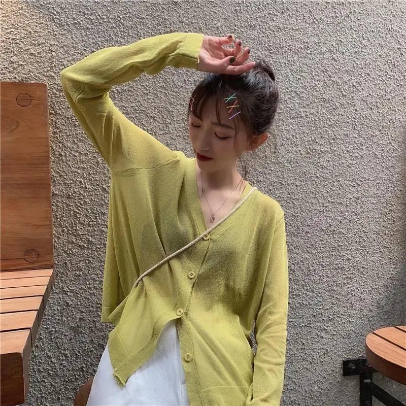 Cardigan For Women Long Sleeve Cardigan Summer Cropped Cardigan Knitted V neck Thin Ice Silk Sweaters Sunscreen Shirt Tops