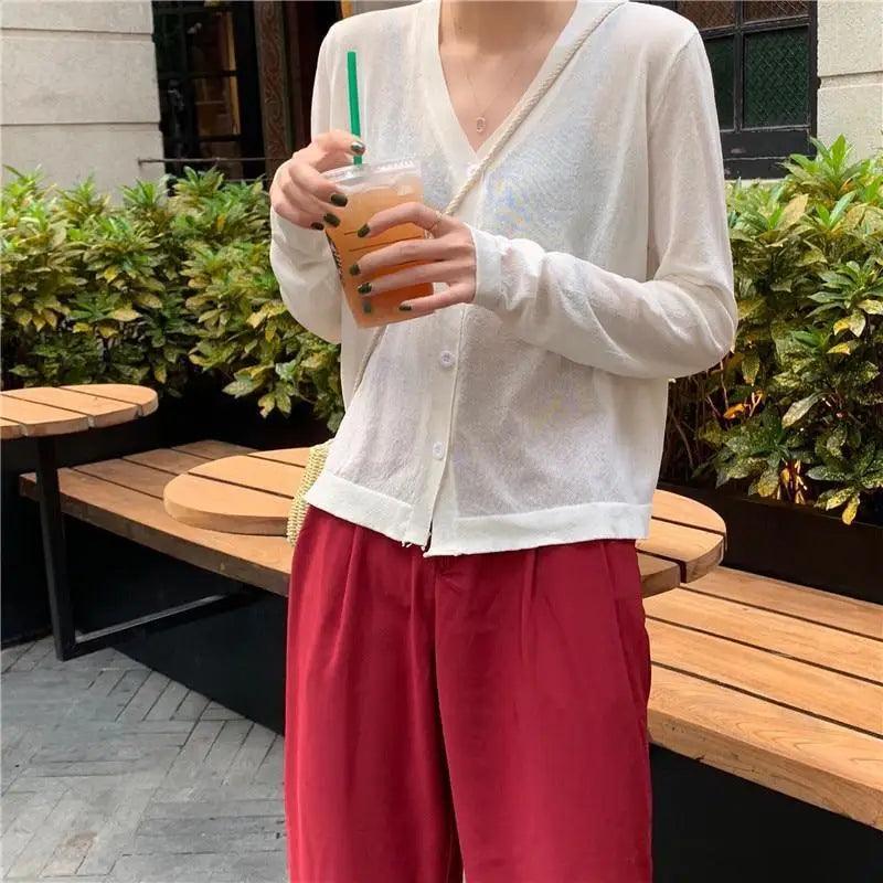 Cardigan For Women Long Sleeve Cardigan Summer Cropped Cardigan Knitted V neck Thin Ice Silk Sweaters Sunscreen Shirt Tops