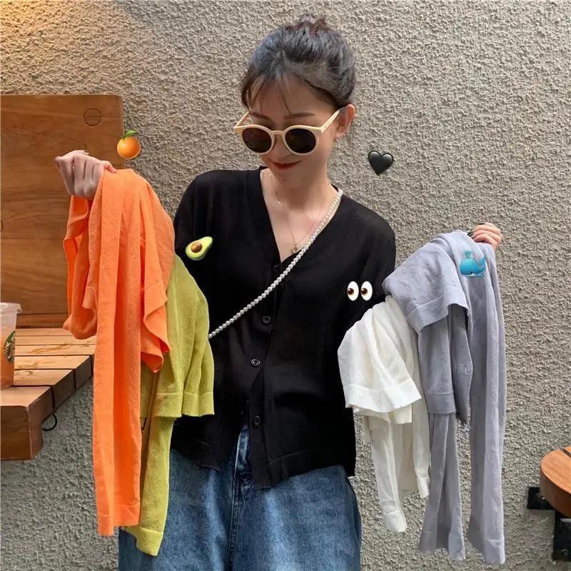 Cardigan For Women Long Sleeve Cardigan Summer Cropped Cardigan Knitted V neck Thin Ice Silk Sweaters Sunscreen Shirt Tops