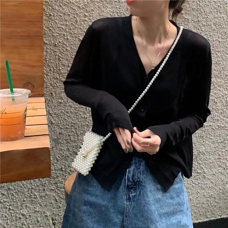Cardigan For Women Long Sleeve Cardigan Summer Cropped Cardigan Knitted V neck Thin Ice Silk Sweaters Sunscreen Shirt Tops