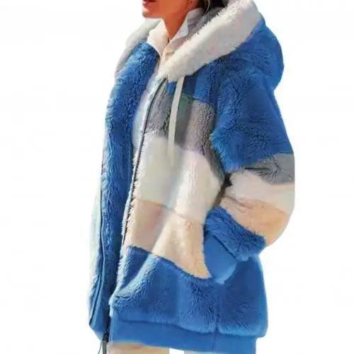 Color Block Fleece Hooded Jacket with Zipper Closure