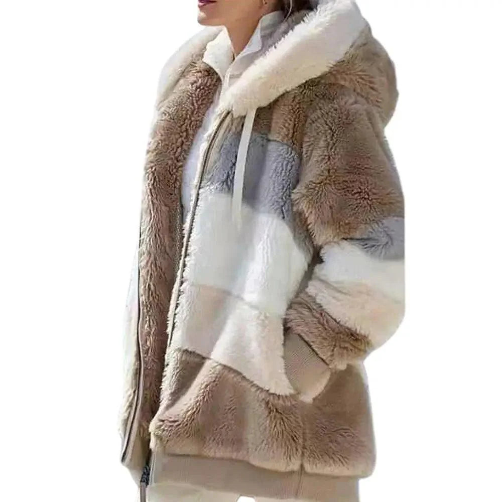 Color Block Fleece Hooded Jacket with Zipper Closure