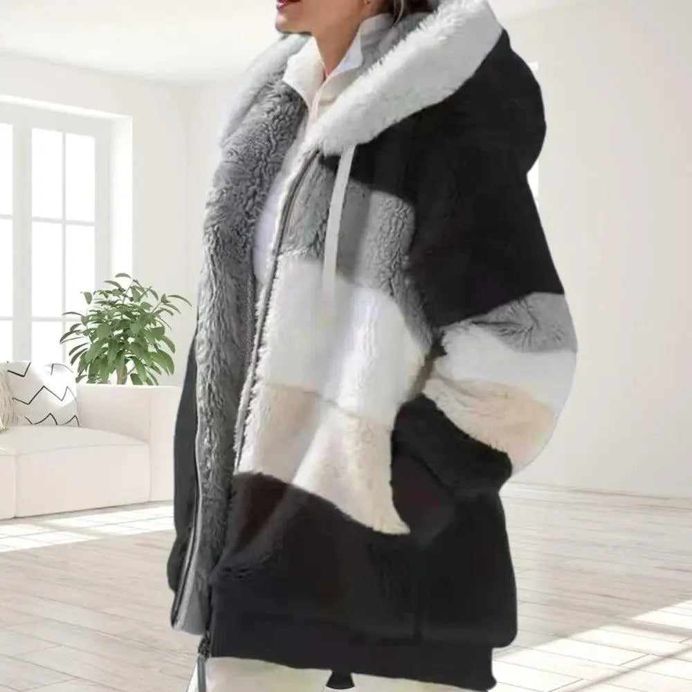 Color Block Fleece Hooded Jacket with Zipper Closure