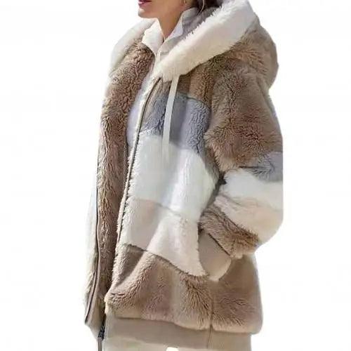 Color Block Fleece Hooded Jacket with Zipper Closure