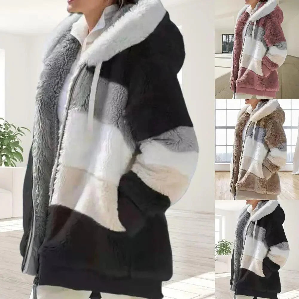 Color Block Fleece Hooded Jacket with Zipper Closure