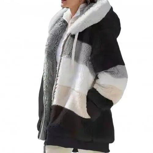 Color Block Fleece Hooded Jacket with Zipper Closure