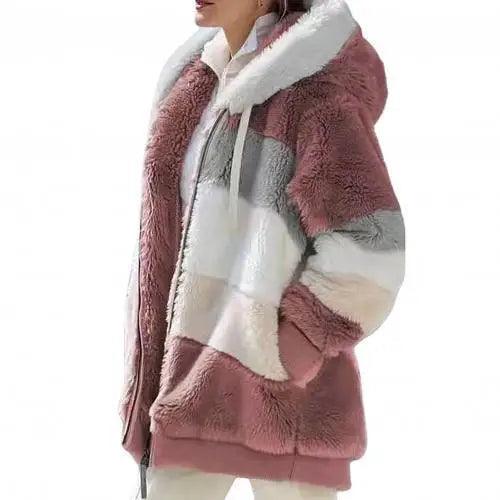 Color Block Fleece Hooded Jacket with Zipper Closure
