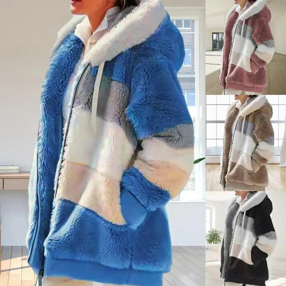 Warm color block fleece hooded jacket with full-length zipper