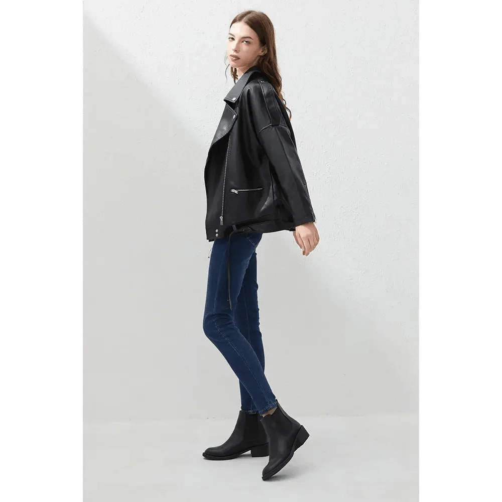 Women's PU Faux Leather Biker Jacket with Sashes