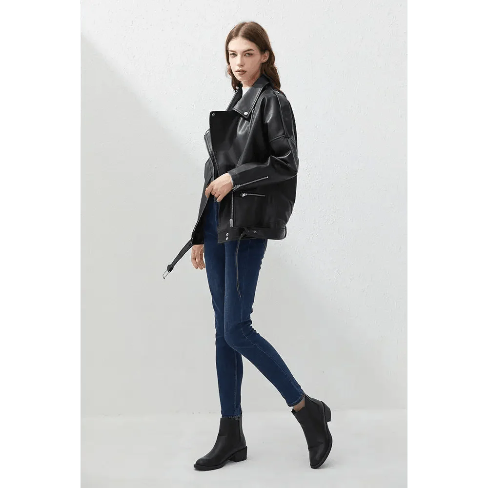 Women's PU Faux Leather Biker Jacket with Sashes
