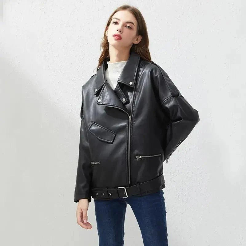 Women's PU Faux Leather Biker Jacket with Sashes