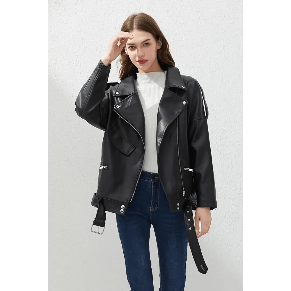 Women's PU Faux Leather Biker Jacket with Sashes
