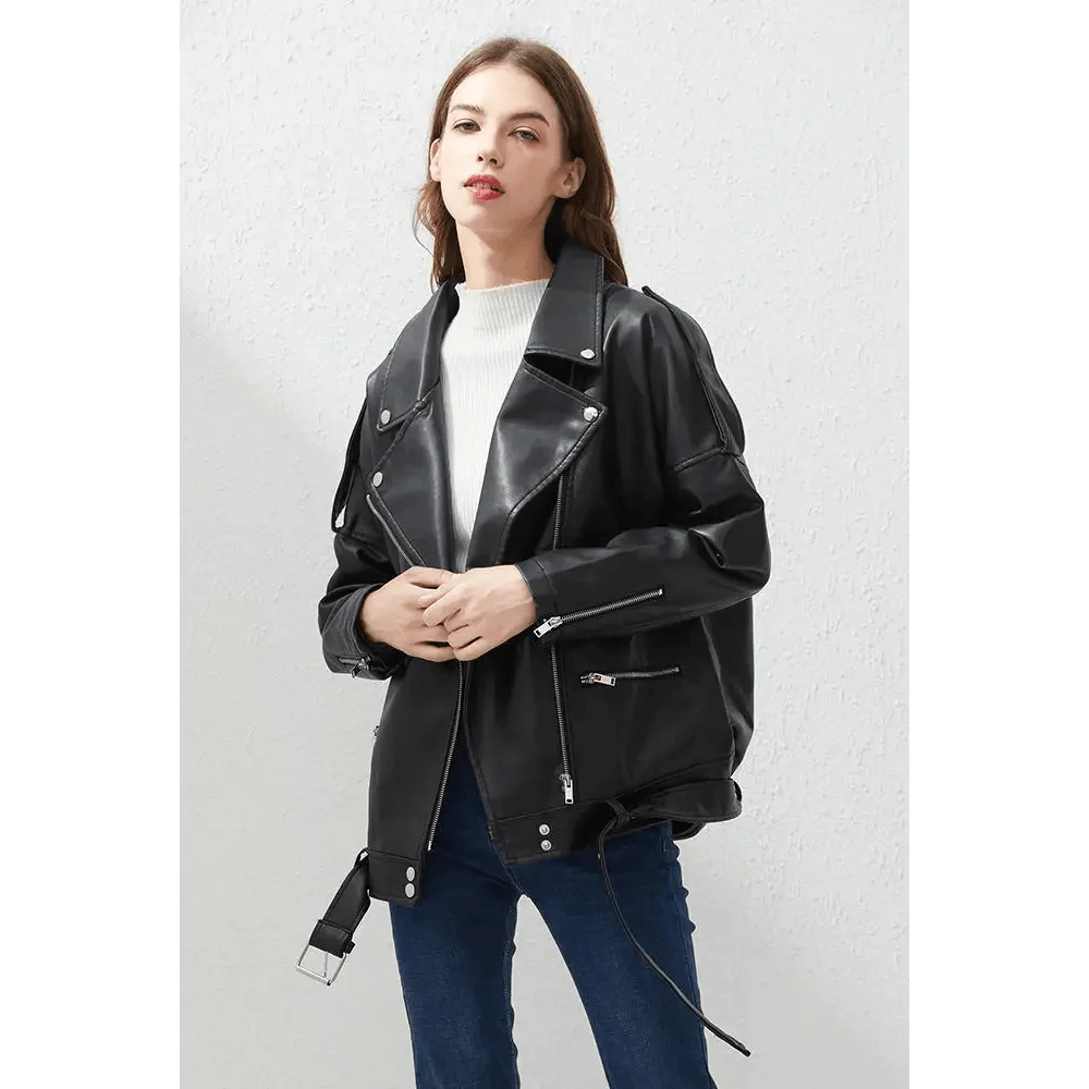 Women's PU Faux Leather Biker Jacket with Sashes