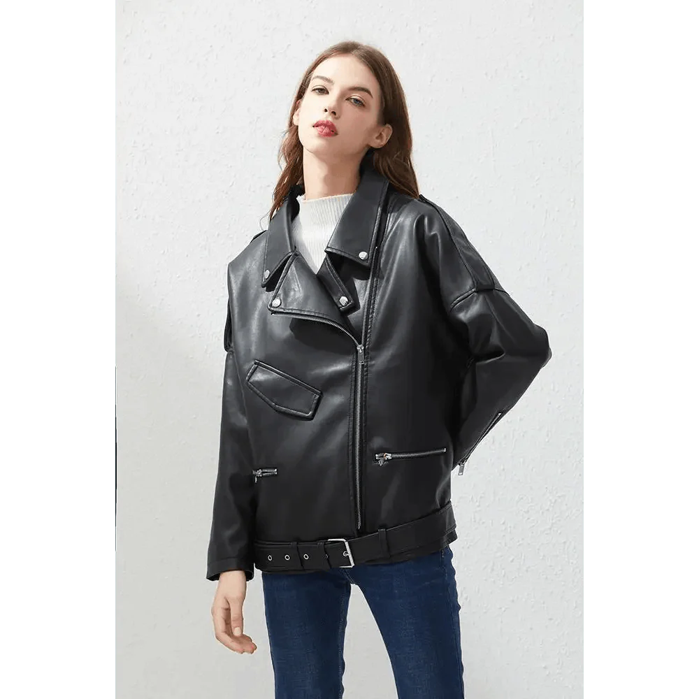 Women's PU Faux Leather Biker Jacket with Sashes