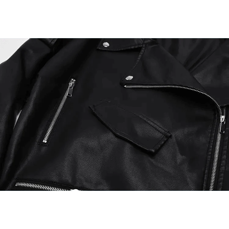 Women's PU Faux Leather Biker Jacket with Sashes