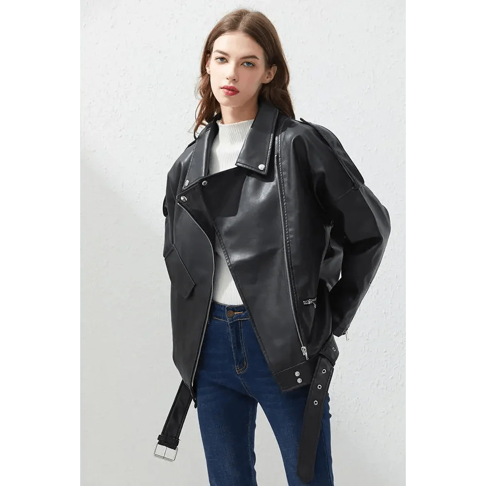 Women's PU Faux Leather Biker Jacket with Sashes