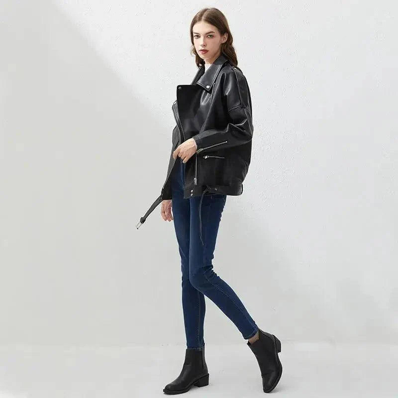 Women's PU Faux Leather Biker Jacket with Sashes
