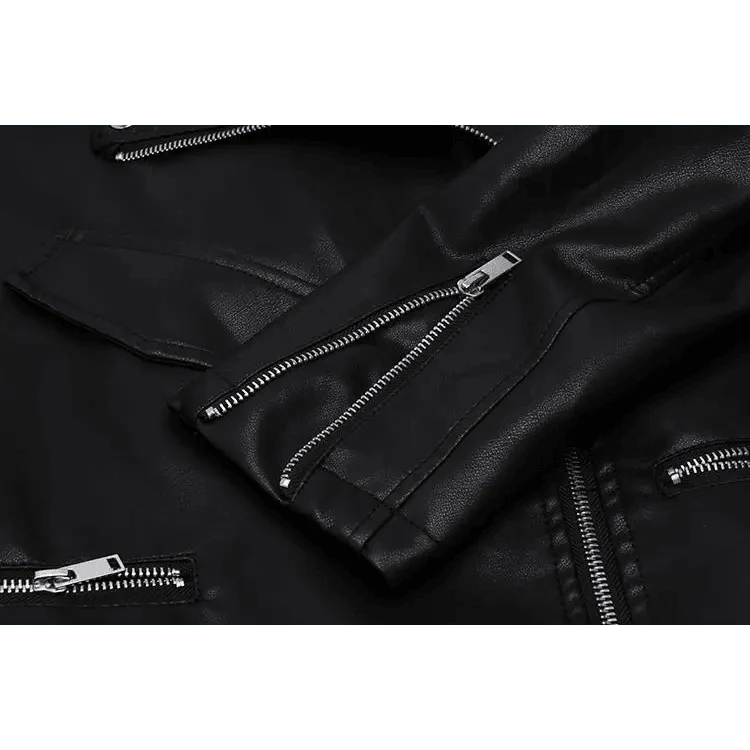 Women's PU Faux Leather Biker Jacket with Sashes