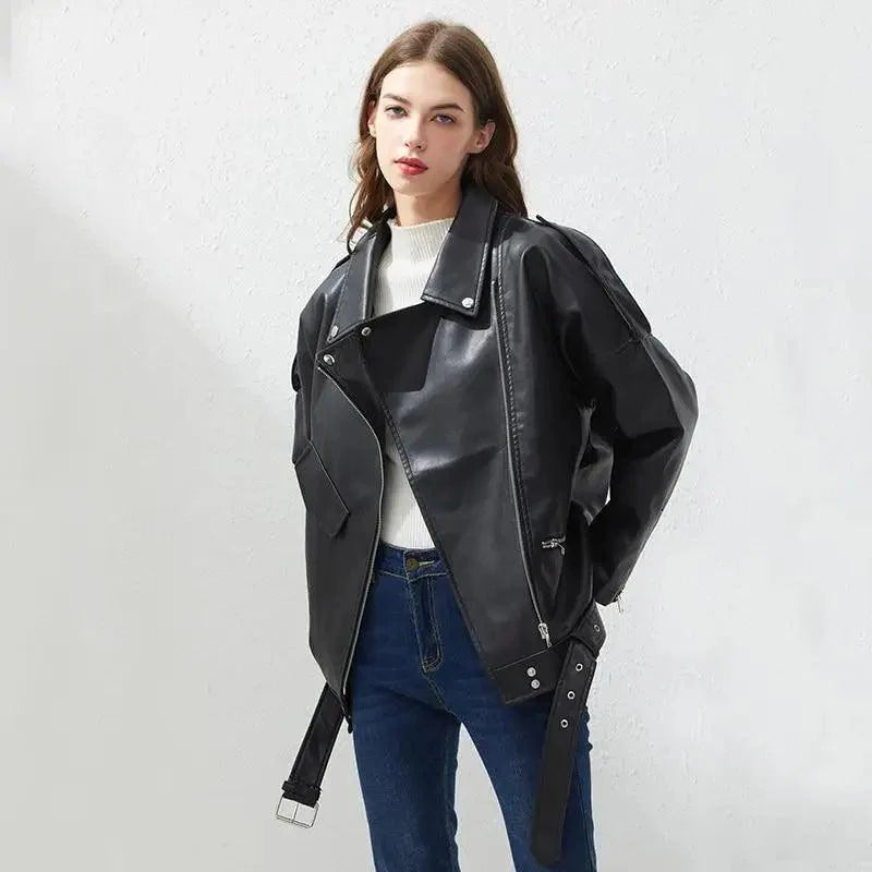 Women's PU Faux Leather Biker Jacket with Sashes