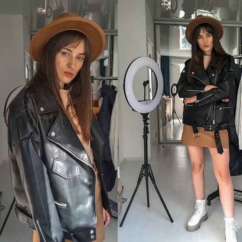 Women's PU Faux Leather Biker Jacket with Sashes