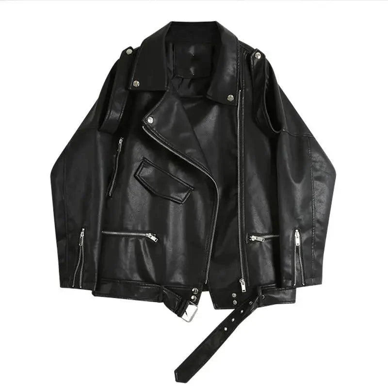 Women's PU Faux Leather Biker Jacket with Sashes