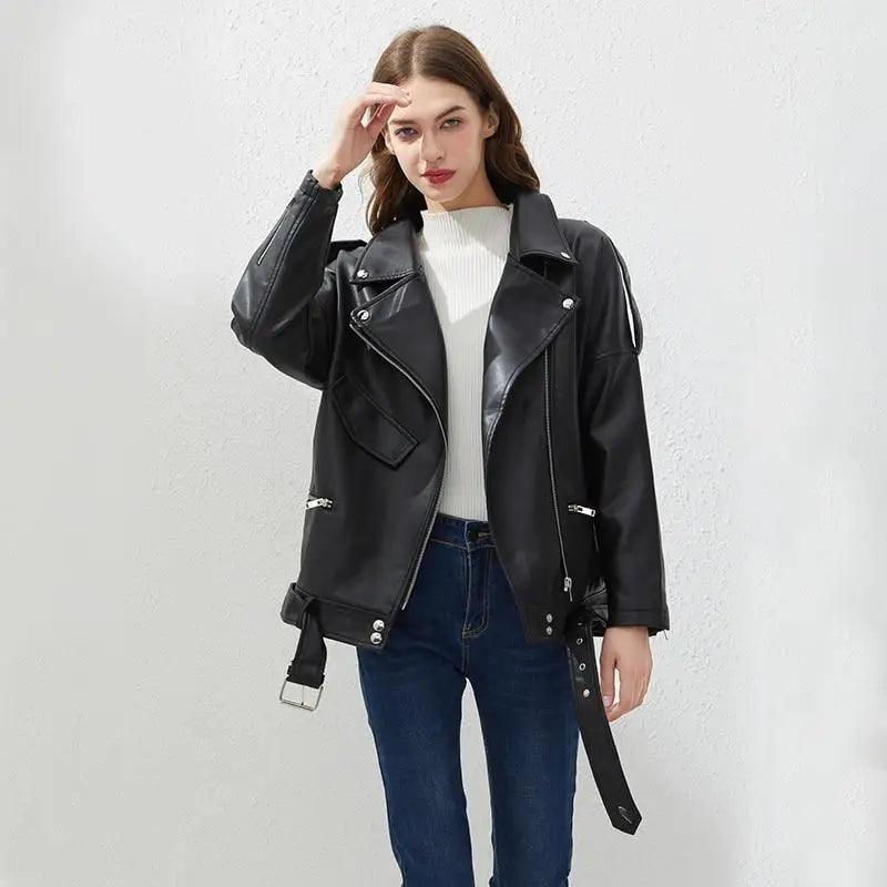 Women's PU Faux Leather Biker Jacket with Sashes