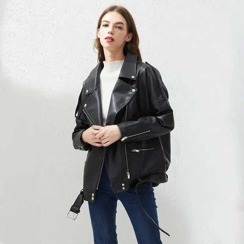 Women's loose-fit black PU faux leather biker jacket with adjustable waist sashes
