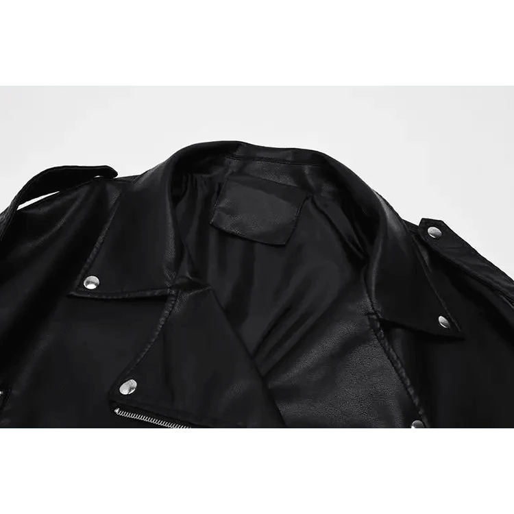 Women's PU Faux Leather Biker Jacket with Sashes