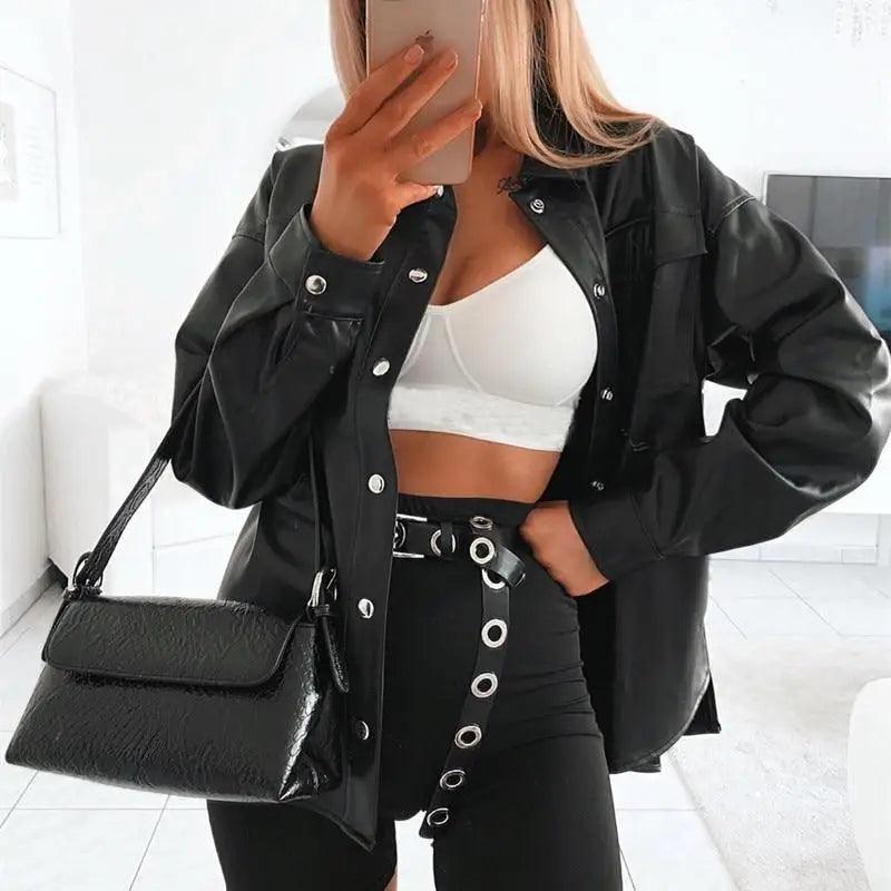 Oversized Punk Style Leather Jacket with Turn-Down Collar
