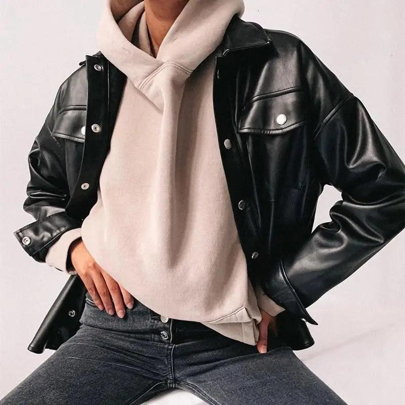 Oversized Punk Style Leather Jacket with Turn-Down Collar