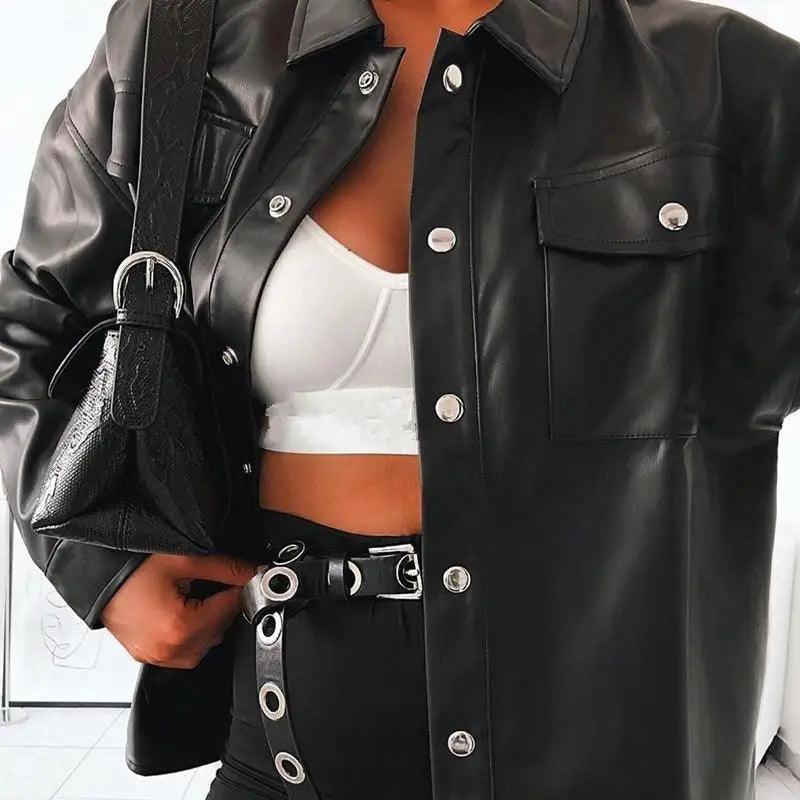 Oversized Punk Style Leather Jacket with Turn-Down Collar