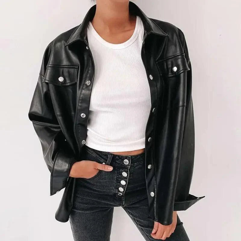 Oversized Punk Style Leather Jacket with Turn-Down Collar