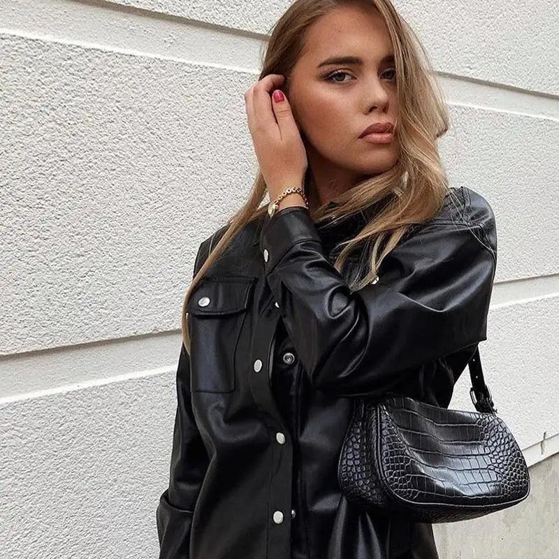 Oversized Punk Style Leather Jacket with Turn-Down Collar