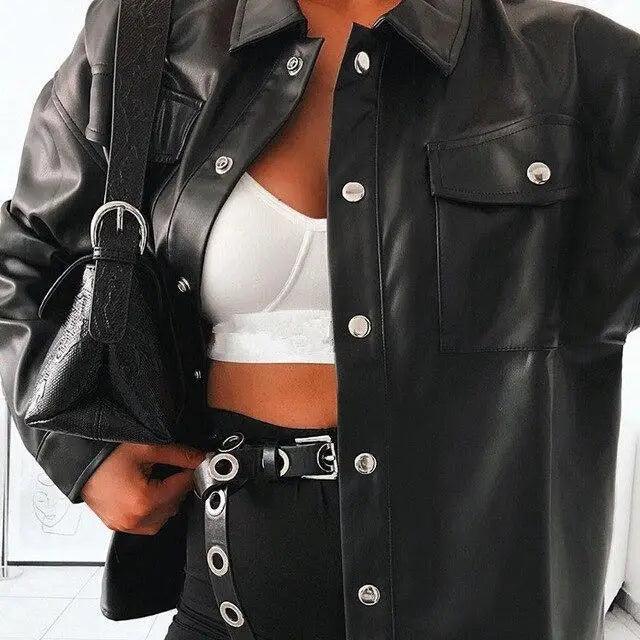 Oversized Punk Style Leather Jacket with Turn-Down Collar