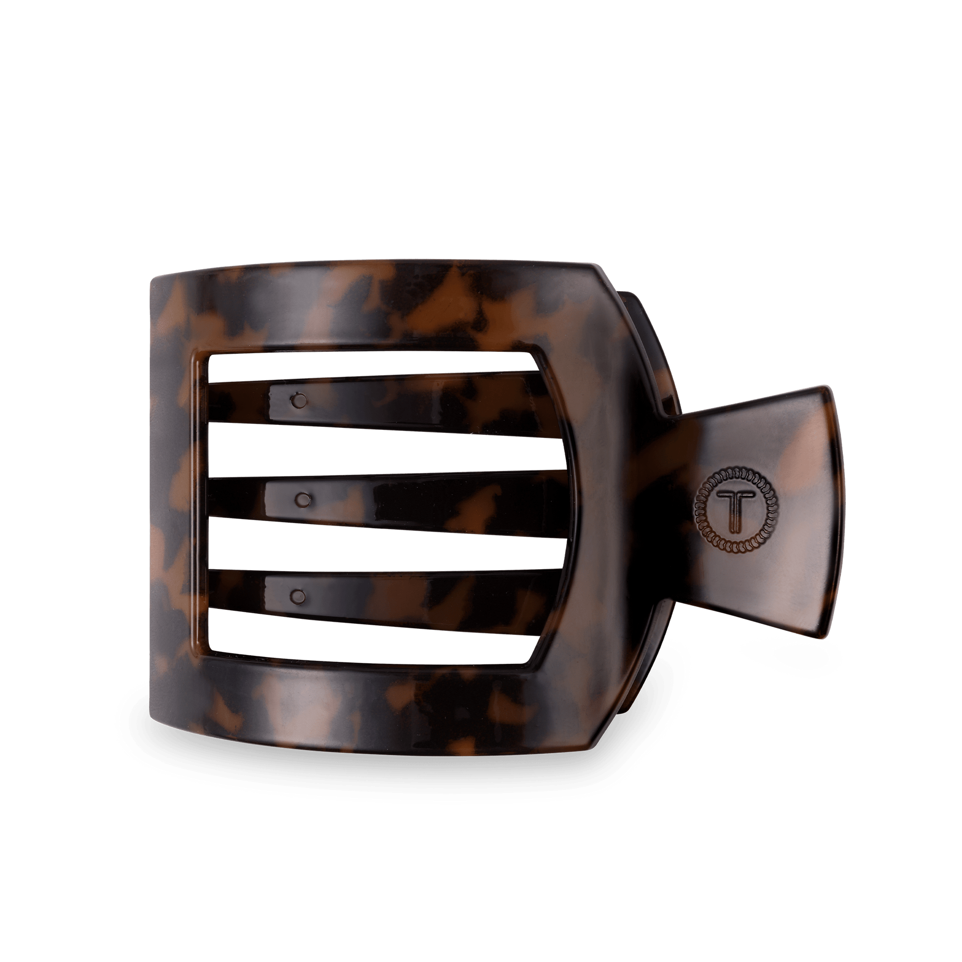 Large square hair clip in tortoise print with a flat design for comfortable headrest use.