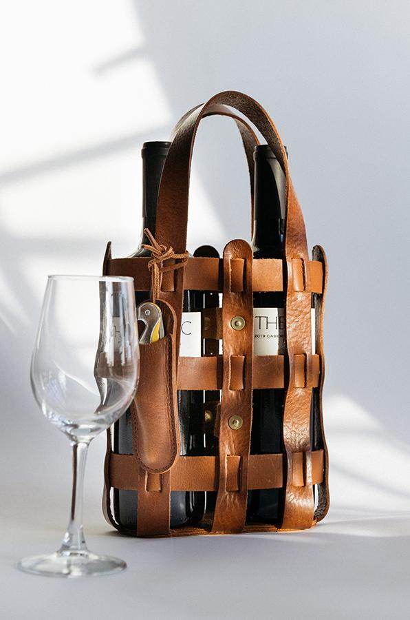Leather Wine Tote for Two, Tan or Black