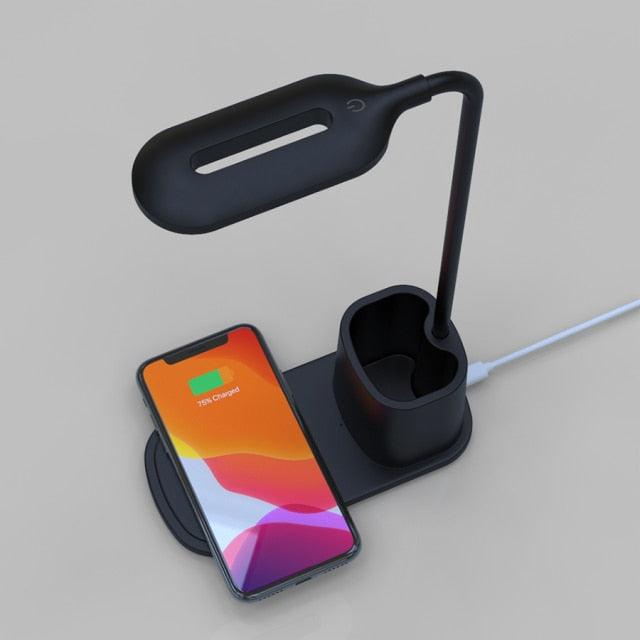 Modern dimmable LED desk lamp with wireless charging pad and touch control