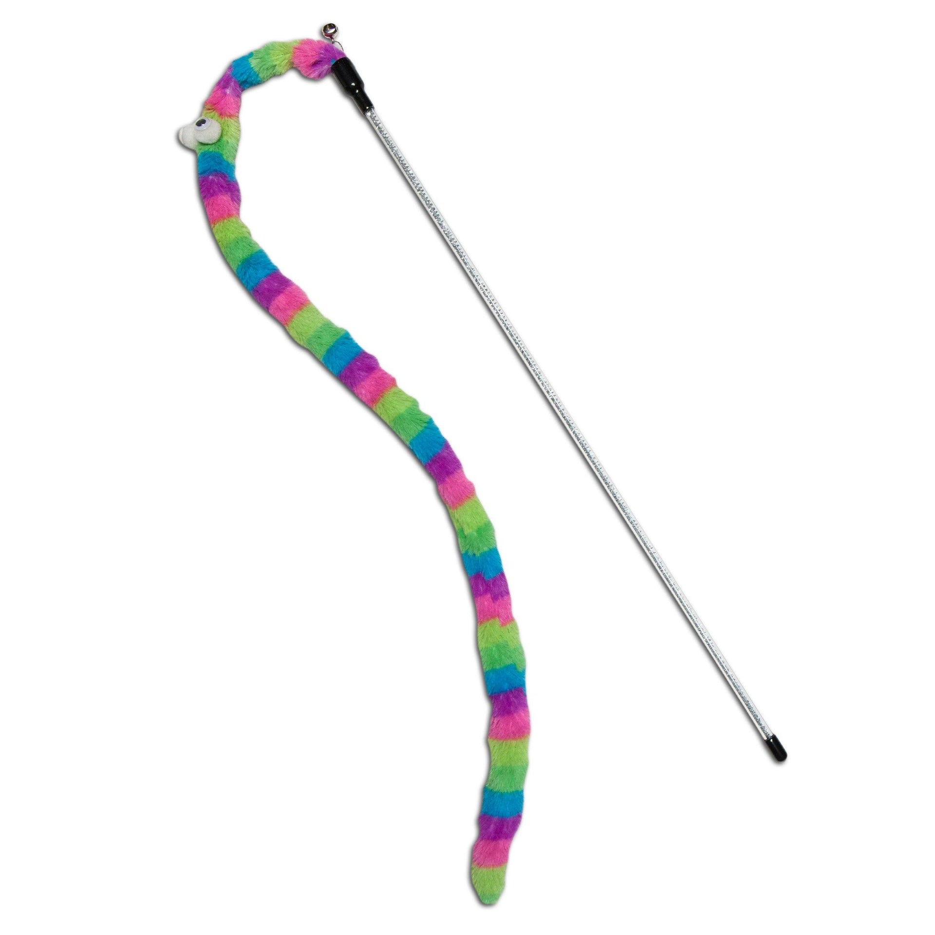 Touchcat Worm-Tail Designer Wand Cat Teaser featuring a glitter wand and colorful striped plush tail