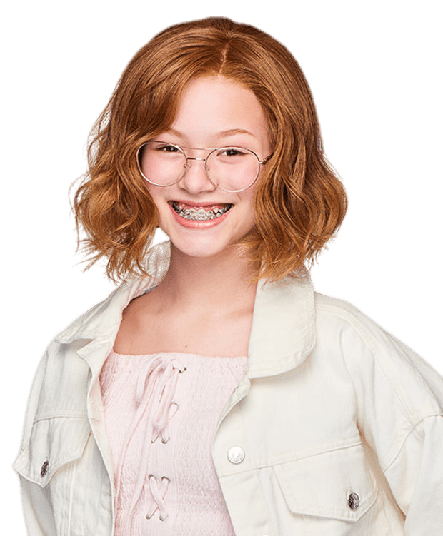 Ginger copper tousled kids wig with natural waves and monofilament crown