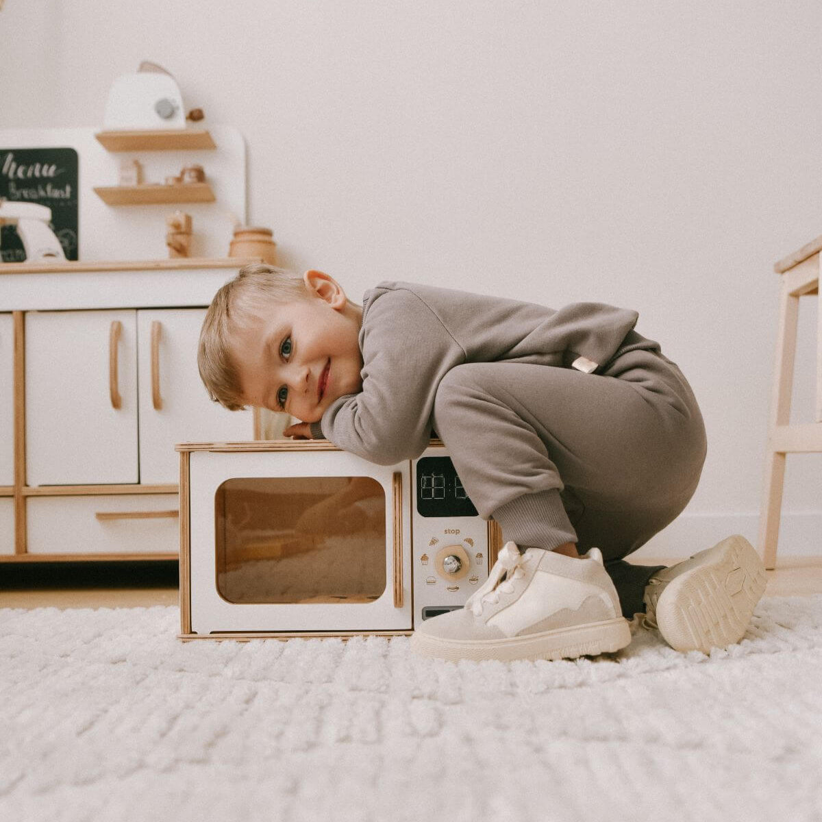 Minimalist Wooden Microwave Toy in Light-Wood and White