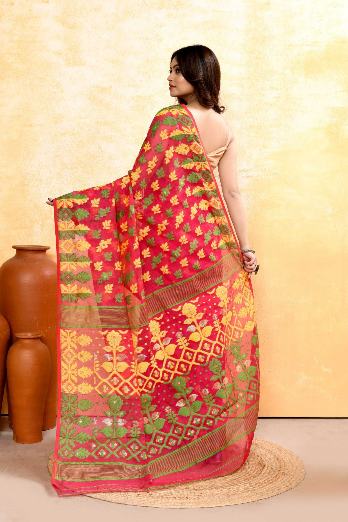 Red Embellished Cotton Blend Jamdani Saree for Women
