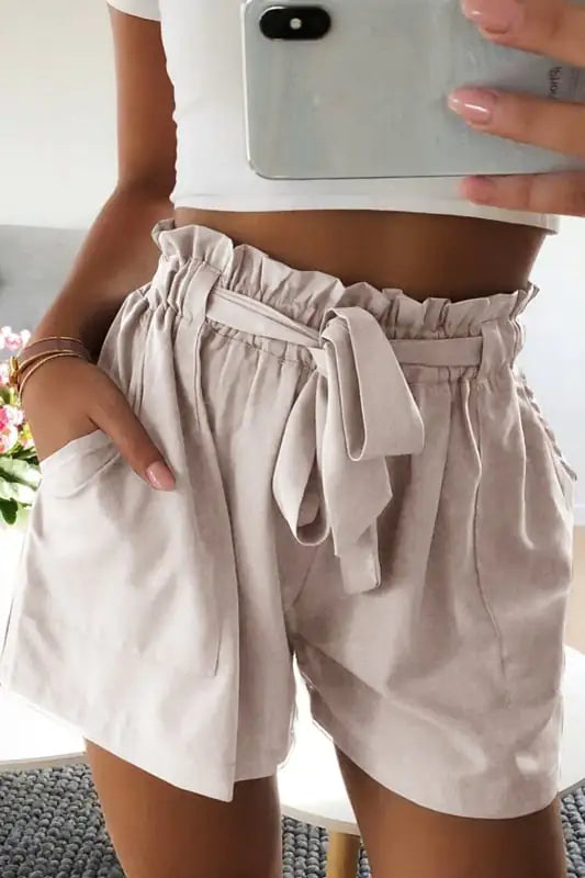 Women's High Waist Paperbag Shorts with Tie Belt in Brown - Image 14