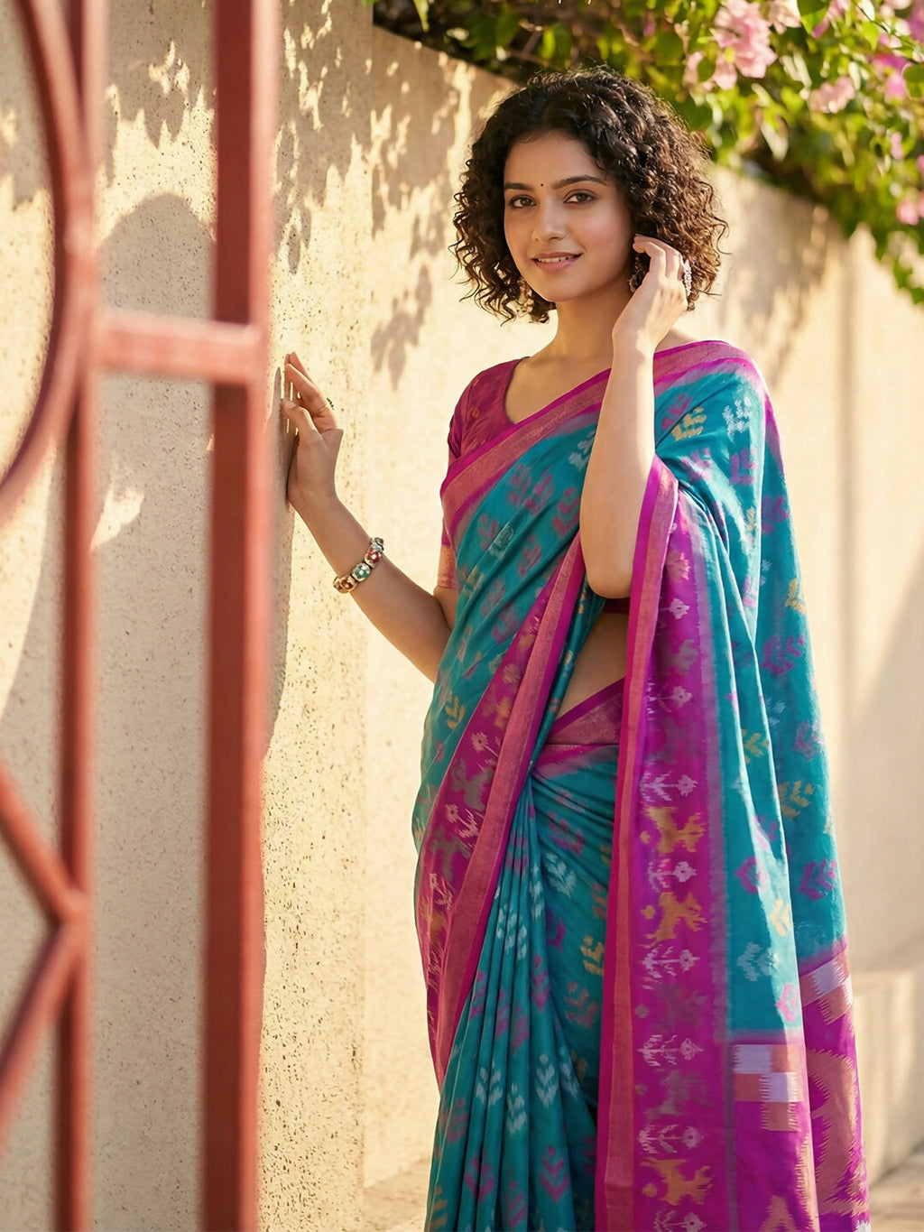 Sky Blue Pochampally Silk Saree with Matching Blouse