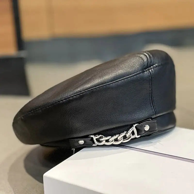 Women's PU Leather Beret Hat with Chain Detail